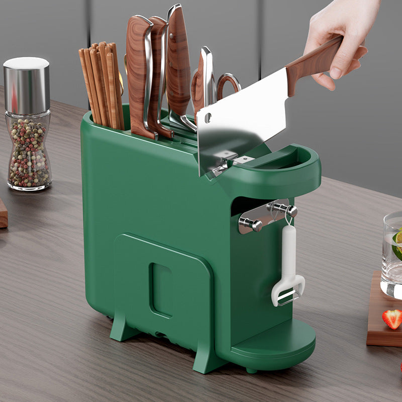 Green Multifunctional Kitchen Knife Rack | Storage Organizer with Built-In Knife Sharpener