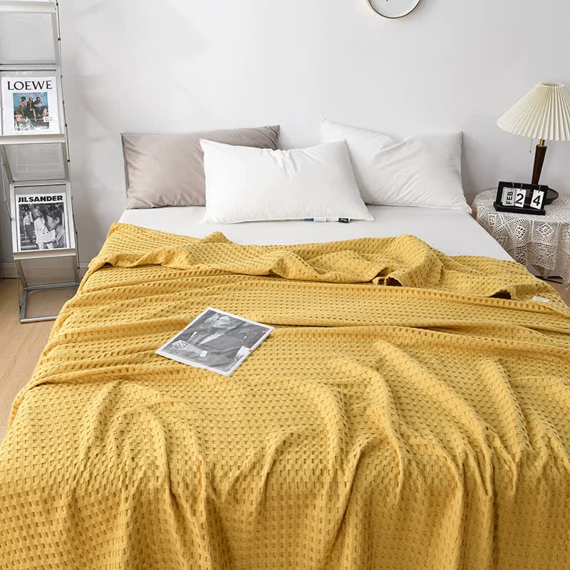 Cotton Waffle Blanket | 200x230cm | Lightweight & Cozy Blanket | Yellow