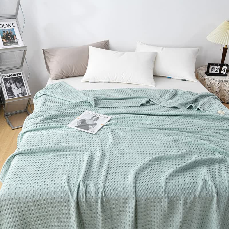 Cotton Waffle Blanket | 200x230cm | Air Conditioning Blanket | Throw / Summer Quilt | Light Green