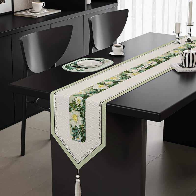 Table Runner | Green Botanical | Elegant Design with Tassels | 30x180CM | Home Decor