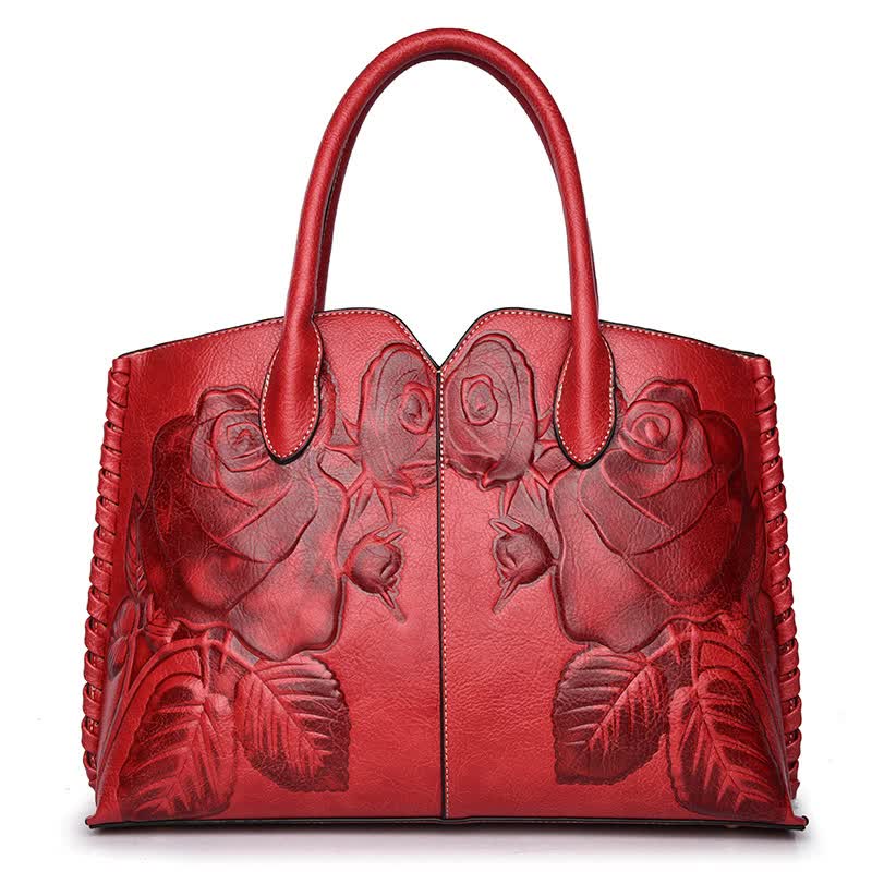 Red Embossed Rose Leather Handbag | Vintage Design | Elegant Tote | Spacious and Chic