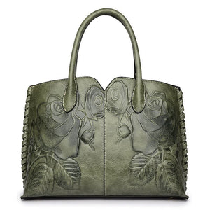 Green Embossed Rose Leather Handbag | Vintage Tote Bag | Stylish and Spacious | Comfortable Grip