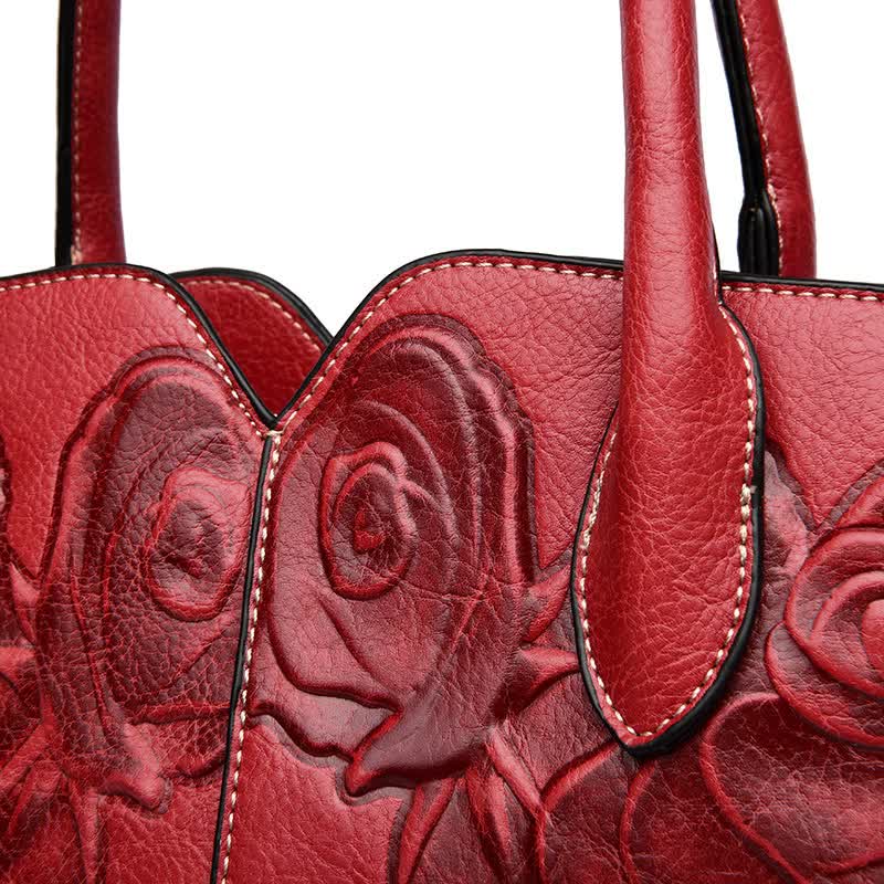 Green Embossed Rose Leather Handbag | Vintage Tote Bag | Stylish and Spacious | Comfortable Grip