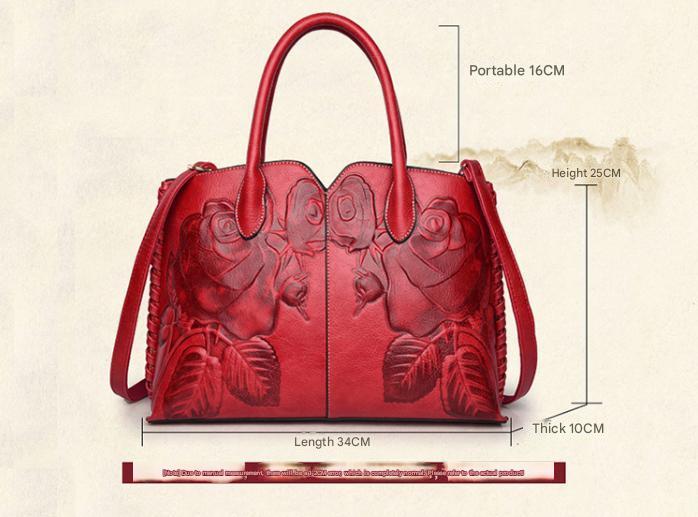 Green Embossed Rose Leather Handbag | Vintage Tote Bag | Stylish and Spacious | Comfortable Grip