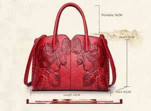 Green Embossed Rose Leather Handbag | Vintage Tote Bag | Stylish and Spacious | Comfortable Grip