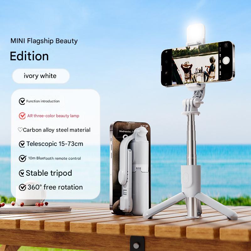 Portable Selfie Stick Tripod | White | With Light | Bluetooth Remote | Compact & Adjustable