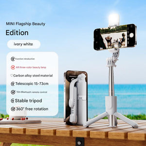 Portable Selfie Stick Tripod | White | With Light | Bluetooth Remote | Compact & Adjustable