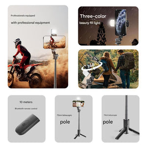 Portable Selfie Stick Tripod | Black | With Light | Bluetooth Remote | Compact & Adjustable