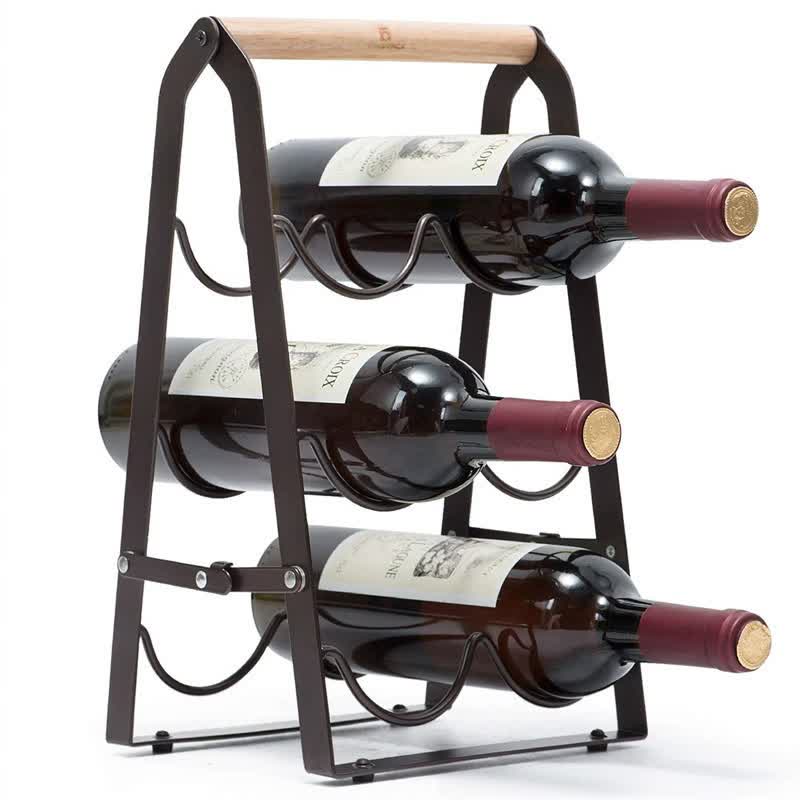Folding Metal Wine Rack | Space-Saving | 6-Bottle Storage Organizer with Wooden Handle