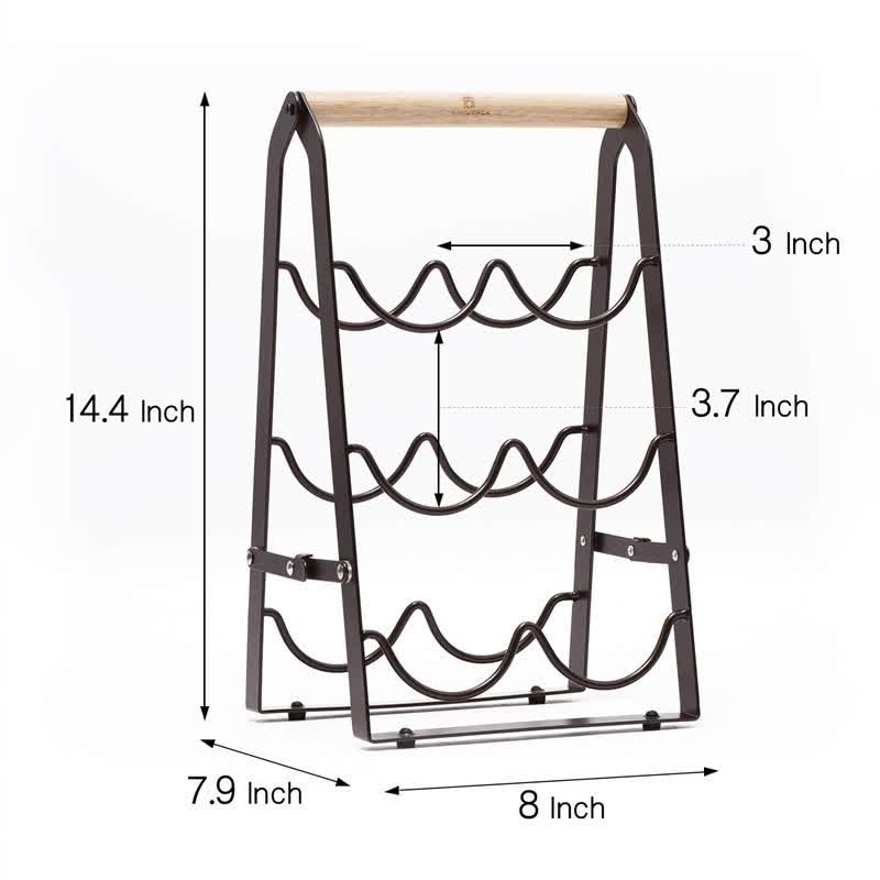Folding Metal Wine Rack | Space-Saving | 6-Bottle Storage Organizer with Wooden Handle