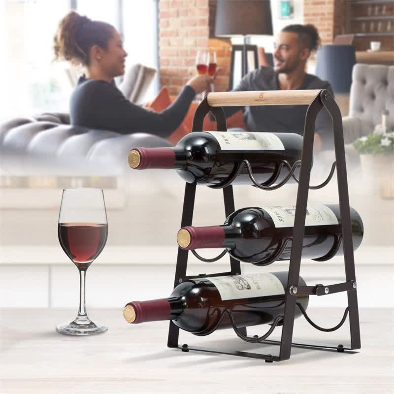Folding Metal Wine Rack | Space-Saving | 6-Bottle Storage Organizer with Wooden Handle