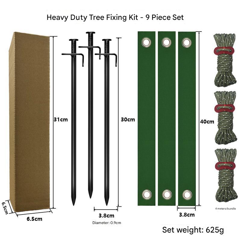 Tree Anchoring Kit | Black Spike | 9pc Set | With Ground Stakes, Straps & Ropes | Army Green Windscreens