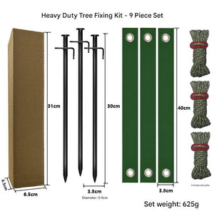 Tree Anchoring Kit | Black Spike | 9pc Set | With Ground Stakes, Straps & Ropes | Army Green Windscreens