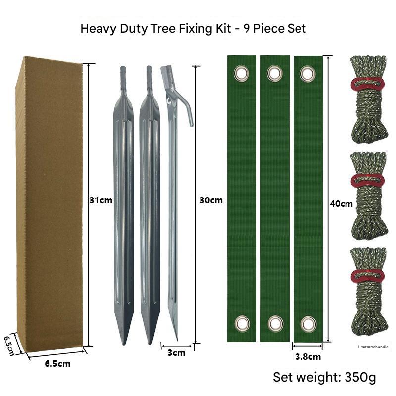 Tree Anchoring Kit | Silver Spike | 9pc Set | With Ground Stakes, Straps & Ropes | Army Green Windscreens