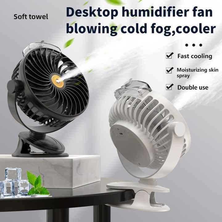 Black Portable Clip-On Mist Fan | Rechargeable Cooling Fan | Adjustable Spray Modes | Compact Design
