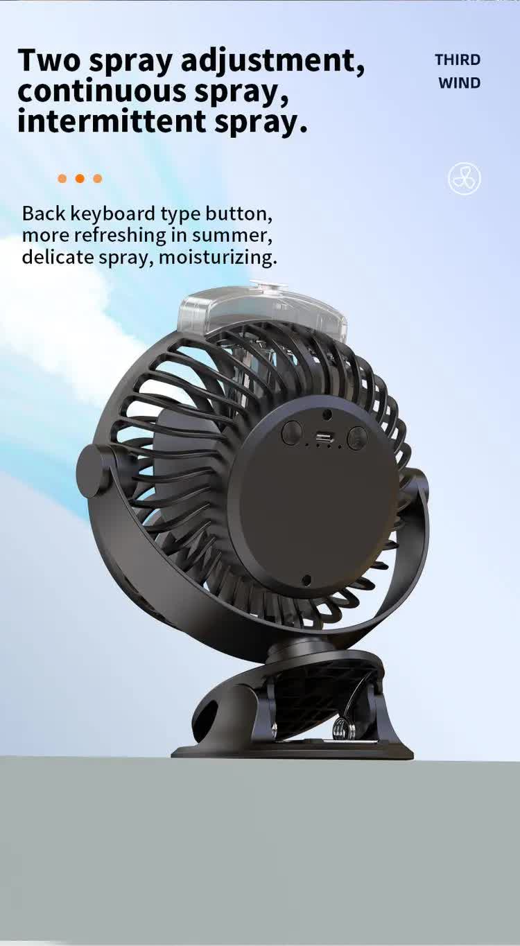 Black Portable Clip-On Mist Fan | Rechargeable Cooling Fan | Adjustable Spray Modes | Compact Design