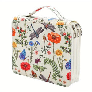 White Floral Design Portable Zippered Pencil Case | 3-Layer Large Capacity Organizer for Stationery & Art Supplies