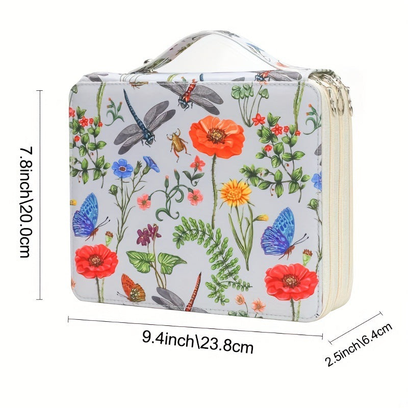 White Floral Design Portable Zippered Pencil Case | 3-Layer Large Capacity Organizer for Stationery & Art Supplies