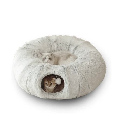 Grey Luxury Plush Cat Bed | Hidden Tunnel | Soft Round Pet Bed for Cats & Small Dogs