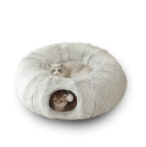 Grey Luxury Plush Cat Bed | Hidden Tunnel | Soft Round Pet Bed for Cats & Small Dogs