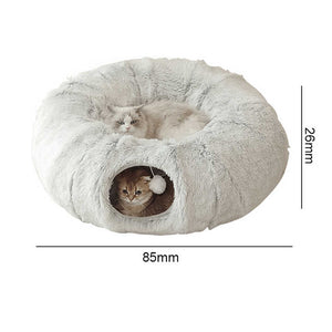 Grey Luxury Plush Cat Bed | Hidden Tunnel | Soft Round Pet Bed for Cats & Small Dogs