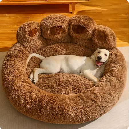 Diameter 90cm Brown Plush Dog Bed | Paw Design | Ultra Soft Round Pet Sofa | Medium to Large Dogs