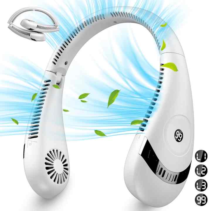 White Rechargeable 5000mAh Portable Neck Fan | 3-Speed Settings | Quiet & Efficient