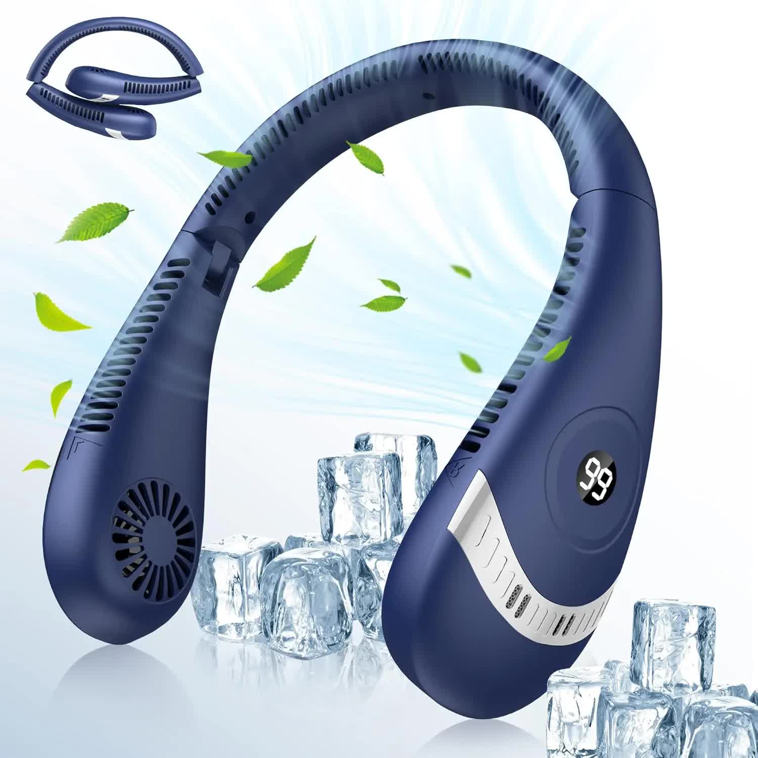 Dark Blue Rechargeable 5000mAh Portable Neck Fan | 3-Speed Settings | Quiet & Efficient