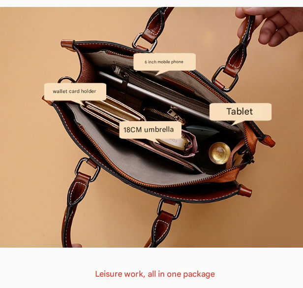 Black Leather Handbag | Elegant Tote | Brown Accents | Adjustable Strap | Spacious Design