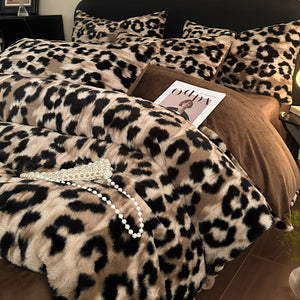 Brown Leopard Print Luxury Winter Faux Rabbit Fur Bedding Set | 4-Piece Melange Plush Set | 1.8m Beds | 200x230cm Duvet Cover