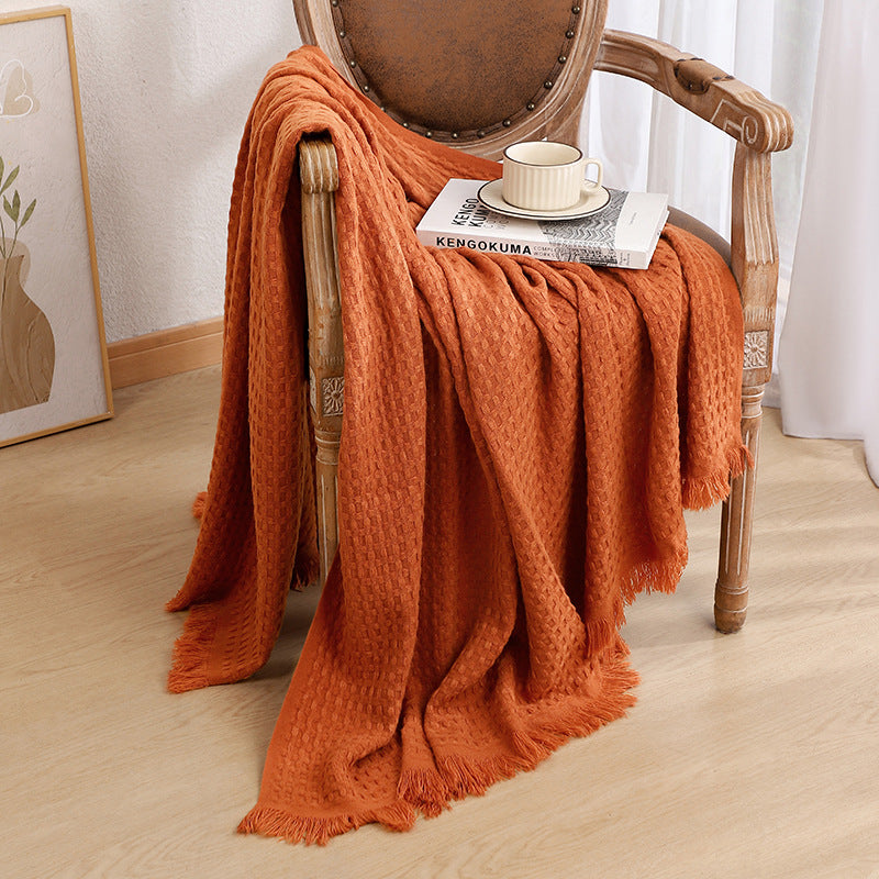 Caramel Nordic Knitted Sofa Throw | 130x230cm | Solid Color | Waffle Weave Polyester | Tassels