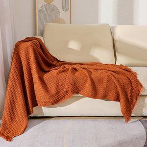 Caramel Nordic Knitted Sofa Throw | 130x230cm | Solid Color | Waffle Weave Polyester | Tassels