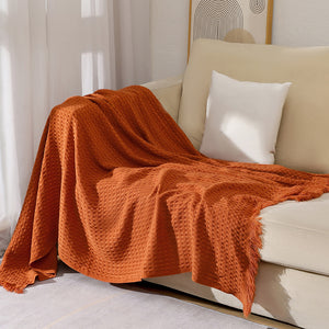 Caramel Nordic Knitted Sofa Throw | 130x230cm | Solid Color | Waffle Weave Polyester | Tassels