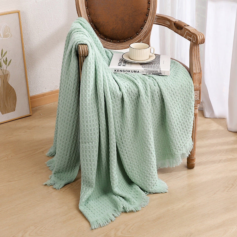 130x230cm Cyan Nordic Solid Color Knitted Sofa Throw Blanket with Tassels | Waffle Weave Polyester Decorative Blanket
