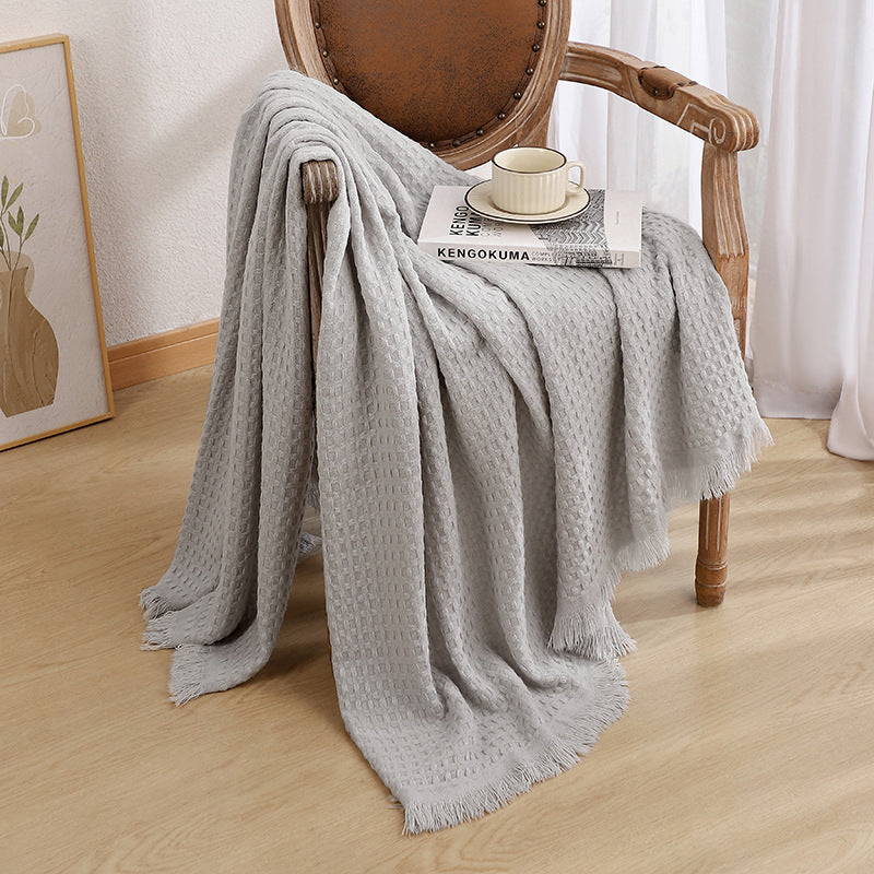 130x230cm Grey Nordic Solid Color Knitted Sofa Throw Blanket with Tassels | Waffle Weave Polyester Decorative Blanket
