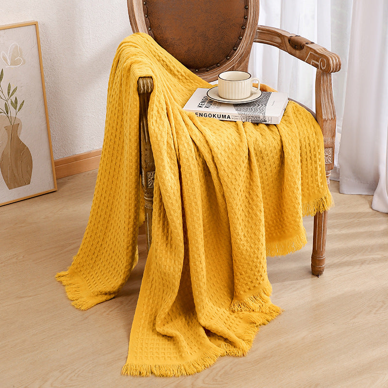 Yellow Nordic Knitted Sofa Throw | 130x230cm | Waffle Weave | Polyester | Decorative Blanket with Tassels