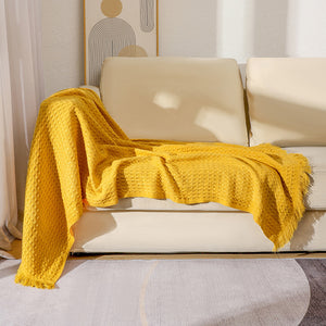 Yellow Nordic Knitted Sofa Throw | 130x230cm | Waffle Weave | Polyester | Decorative Blanket with Tassels