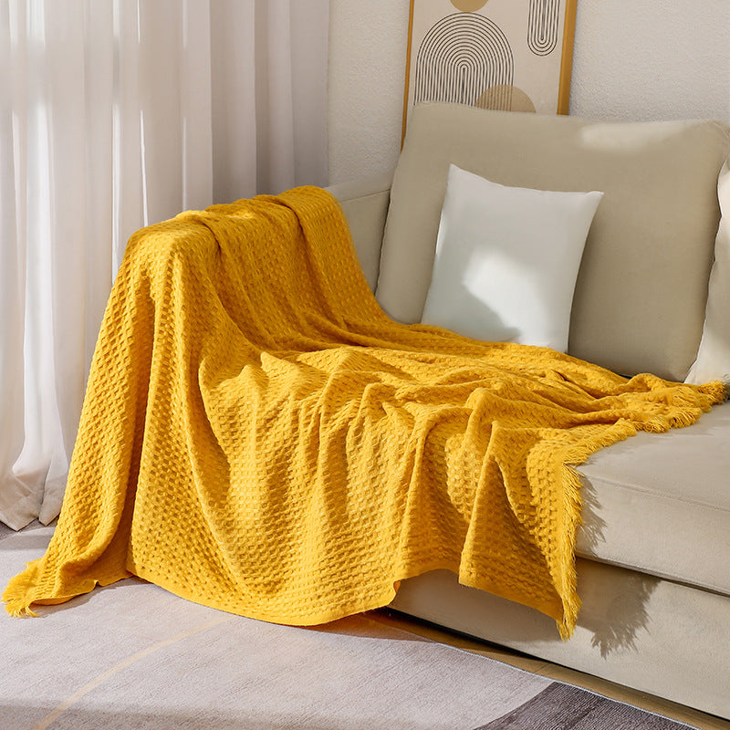 Yellow Nordic Knitted Sofa Throw | 130x230cm | Waffle Weave | Polyester | Decorative Blanket with Tassels
