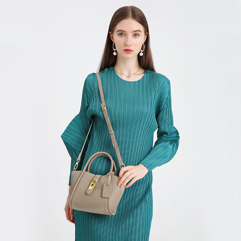 Genuine Leather Handbag | Beige | Stylish Bucket Bag | Top Handle | Crossbody Strap | Women’s Fashion