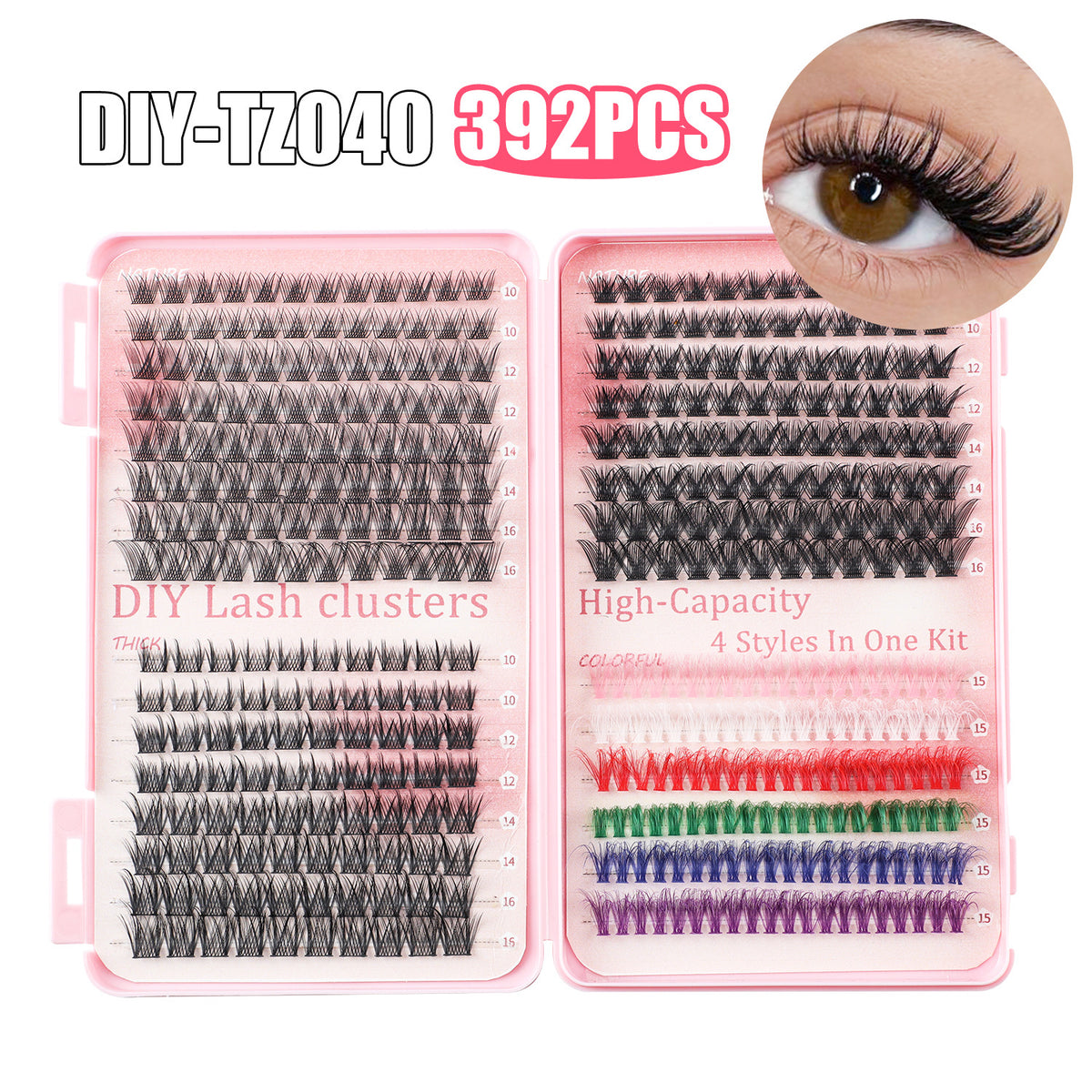 392 Eyelashes Set DIY Lash Clusters Kit | High-Capacity | 4 Styles | Black & Colorful Lashes