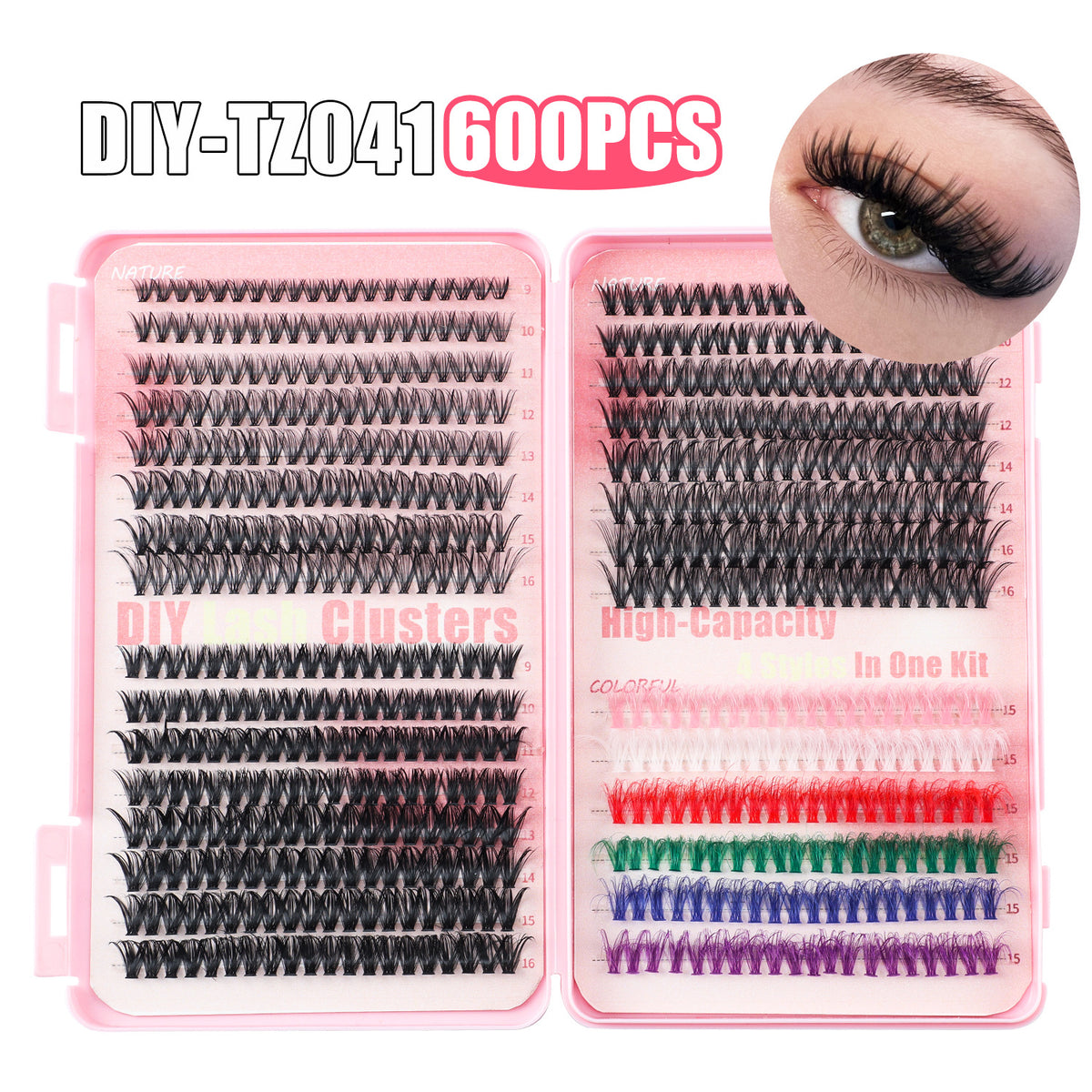 600 Eyelashes Set DIY Lash Clusters Kit | High-Capacity | 4 Styles | Black & Colorful Lashes