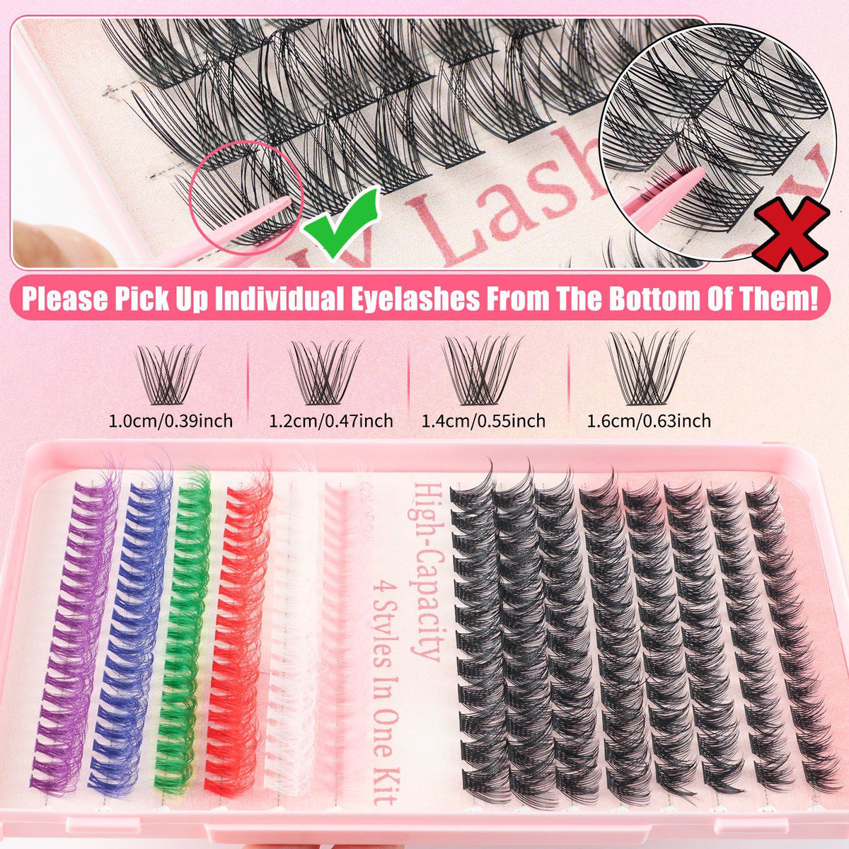 600 Eyelashes Set DIY Lash Clusters Kit | High-Capacity | 4 Styles | Black & Colorful Lashes
