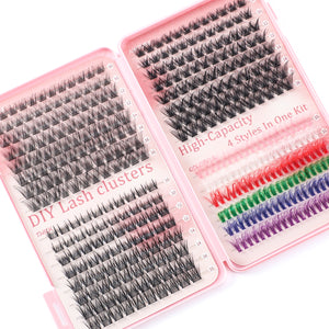 600 Eyelashes Set DIY Lash Clusters Kit | High-Capacity | 4 Styles | Black & Colorful Lashes