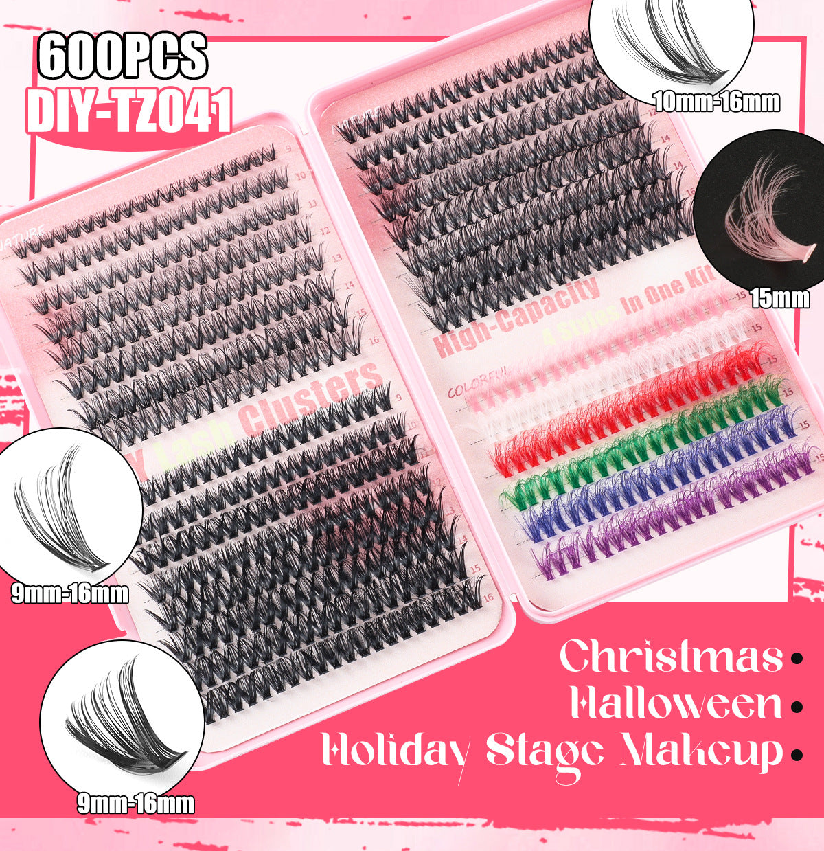 600 Eyelashes Set DIY Lash Clusters Kit | High-Capacity | 4 Styles | Black & Colorful Lashes
