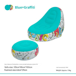Inflatable Sofa Chair with Ottoman | Blue Graffiti Design | Waterproof Flocked | Camping & Home Use