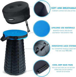 Portable Outdoor Telescopic Folding Stool | Rainbow Stitching Cyan | 100 Buckles | Lightweight & Compact for Fishing, Camping, Travel
