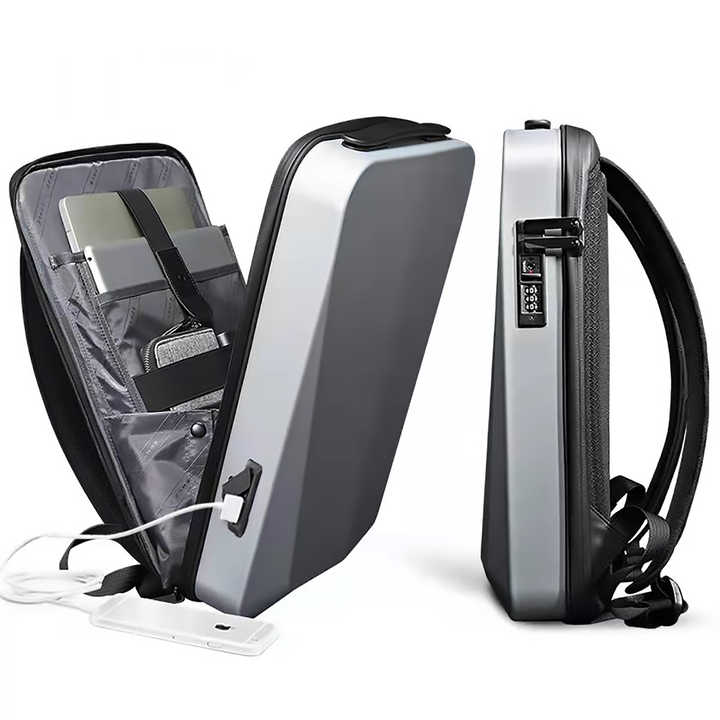 Silver Premium Hard Shell Business Backpack | TSA Lock & USB Charging Port | Waterproof Laptop Bag for Men