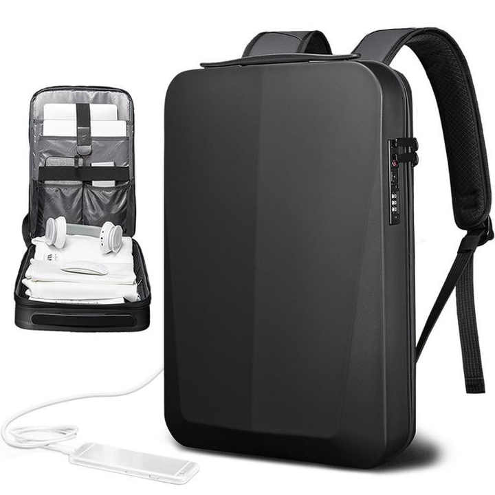 Silver Premium Hard Shell Business Backpack | TSA Lock & USB Charging Port | Waterproof Laptop Bag for Men
