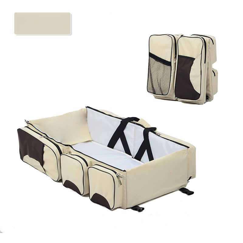 Beige-Brown Patchwork Baby Crib Mommy Bag | Foldable & Portable | Large Diaper Bag | Shoulder & Handheld Design
