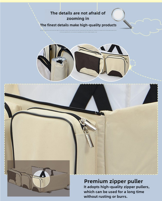 Beige-Brown Patchwork Baby Crib Mommy Bag | Foldable & Portable | Large Diaper Bag | Shoulder & Handheld Design